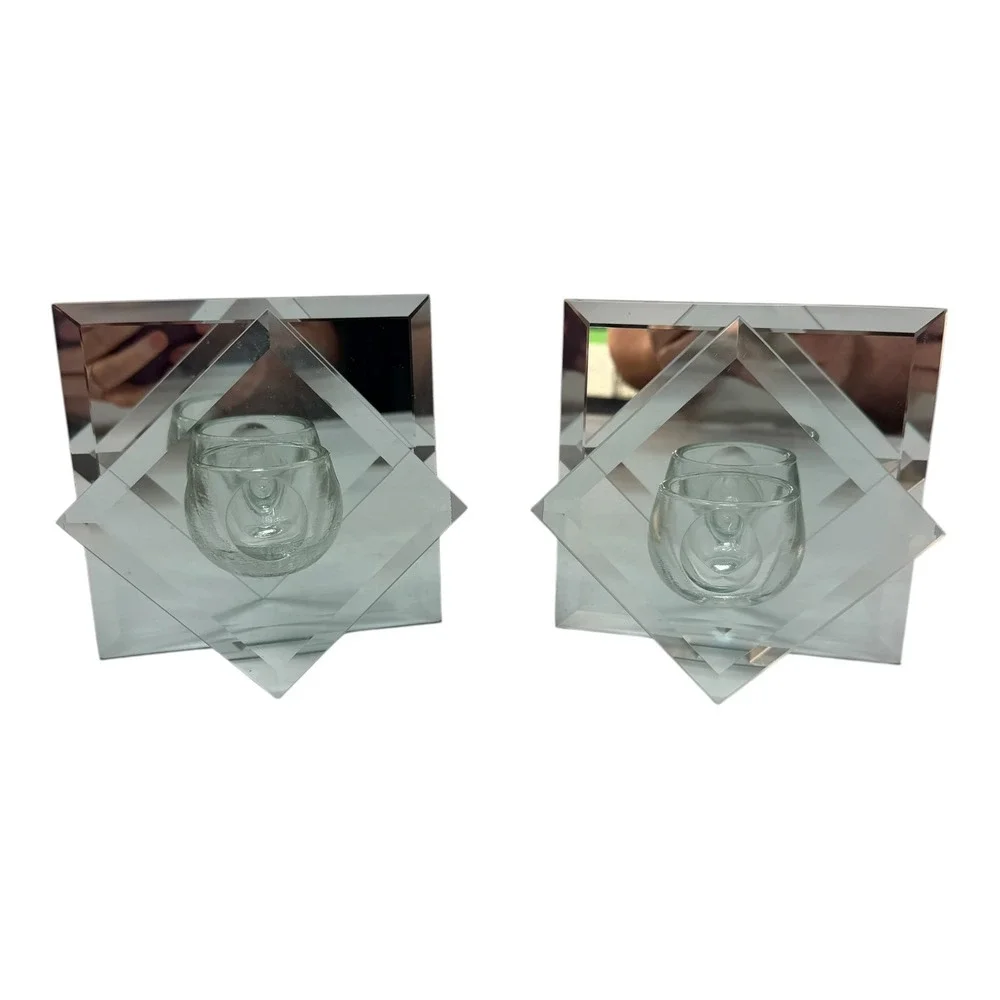 Votive Holder Geometric Mirrored Glass‎ Clear 2pc Set 90s Vintage Modern Look
